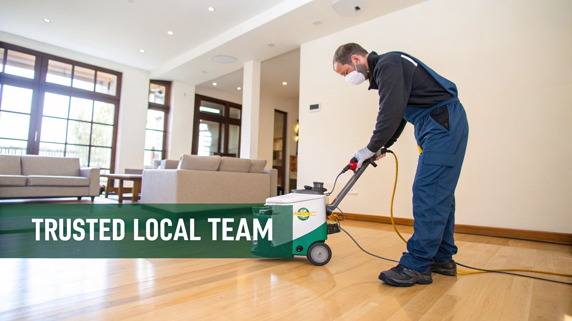 A professional in a mask and blue uniform using a floor machine to clean and recoat hardwood floors.