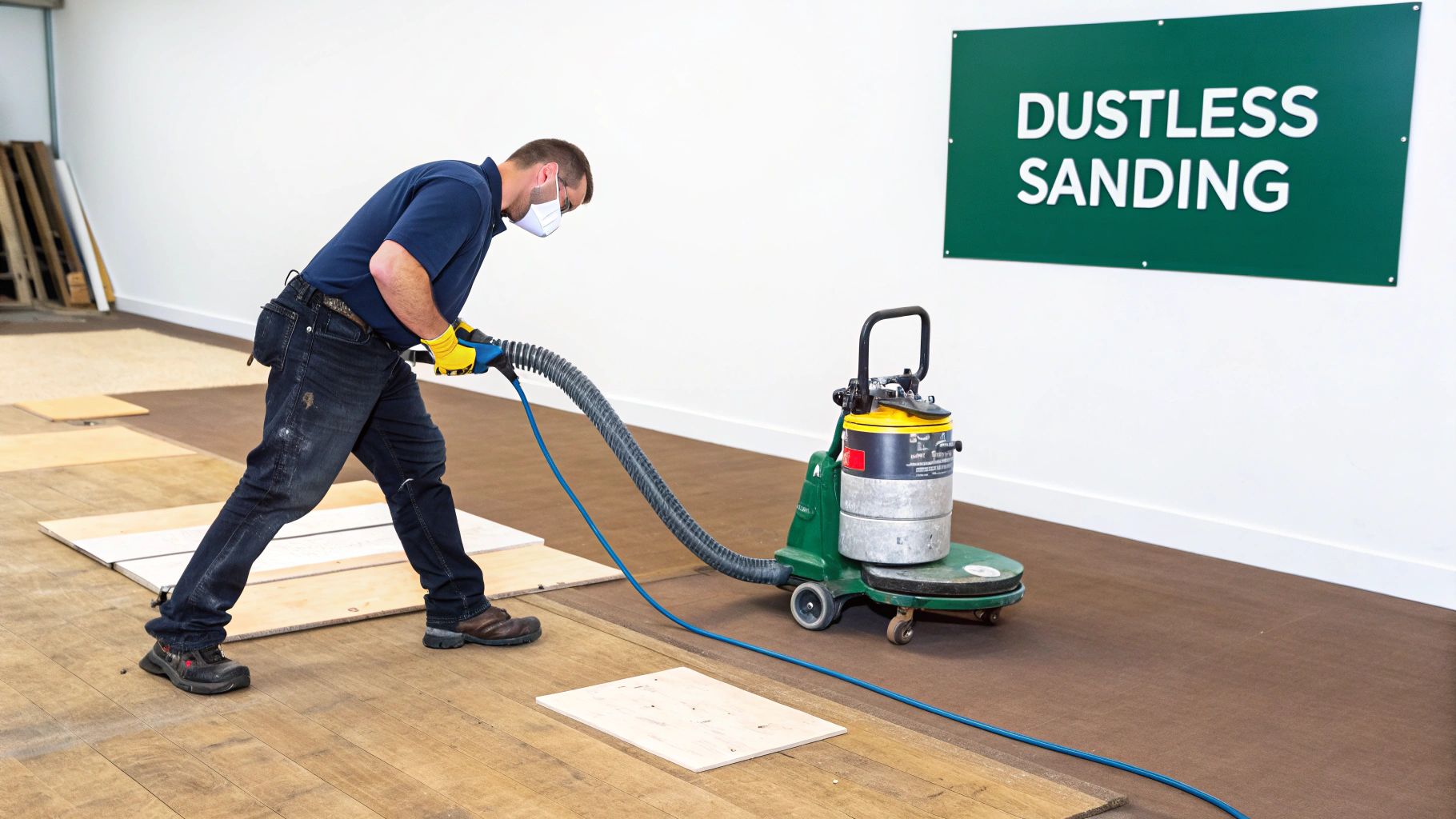 A man wearing a mask and gloves sands an old hardwood floor with a dustless machine.