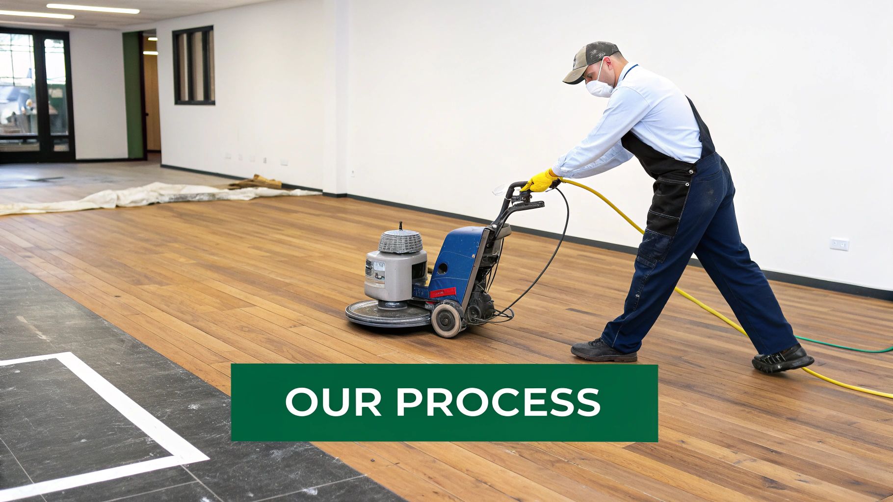 A worker in a mask and overalls uses a floor buffer on a large wooden floor in an empty room.