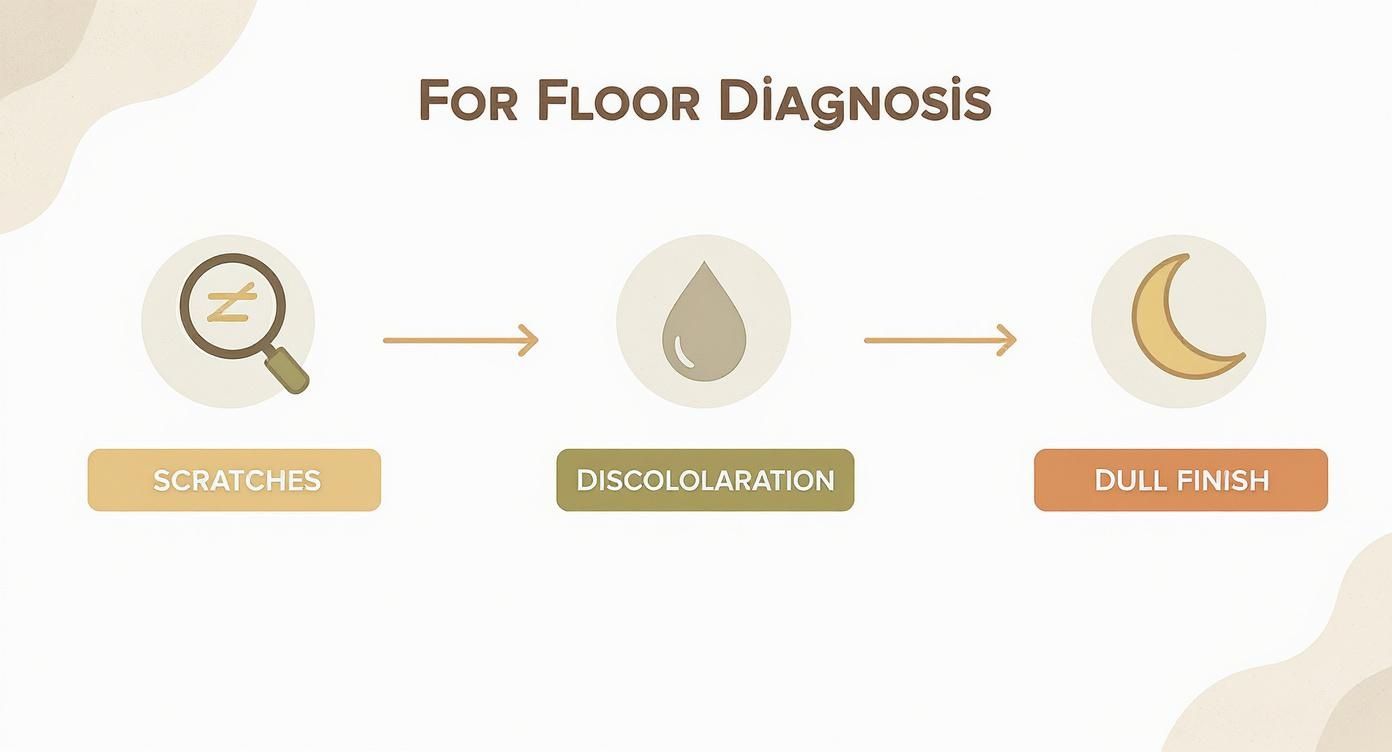 Diagram showing common floor diagnosis issues: scratches (magnifying glass), discoloration (water drop), and dull finish (moon icon).