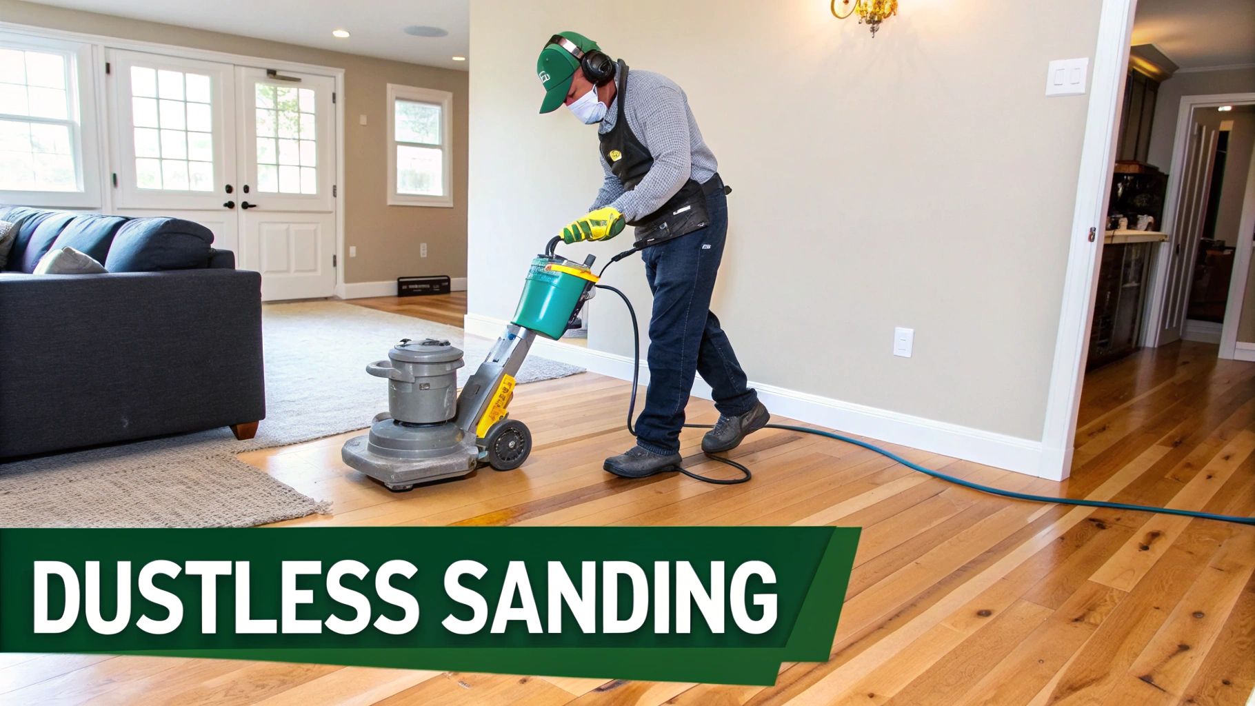 A worker in a cap, earmuffs, and mask uses a dustless floor sander on hardwood floors.