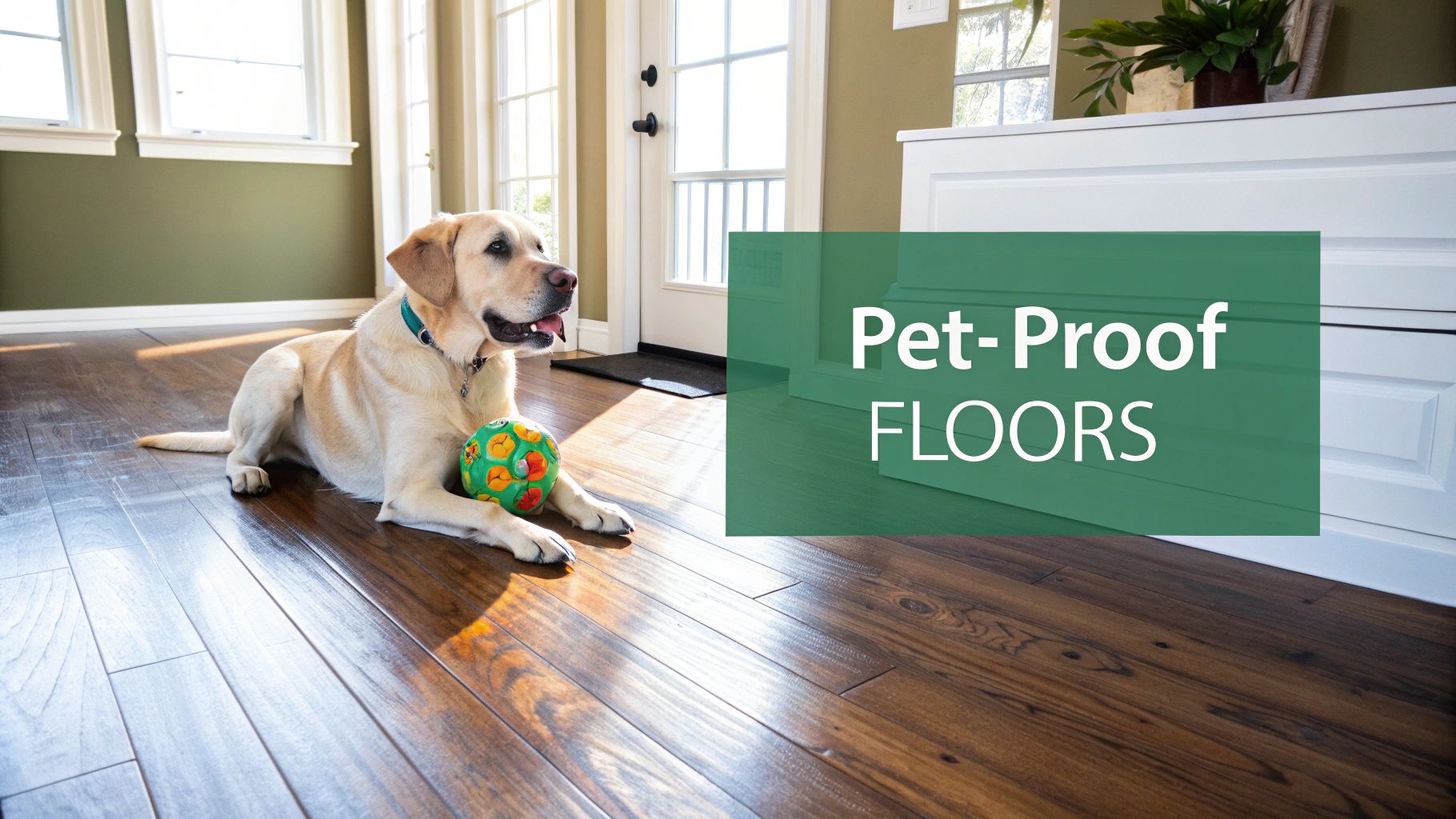 A happy golden labrador dog rests on beautiful pet-proof hardwood floors with its toy.