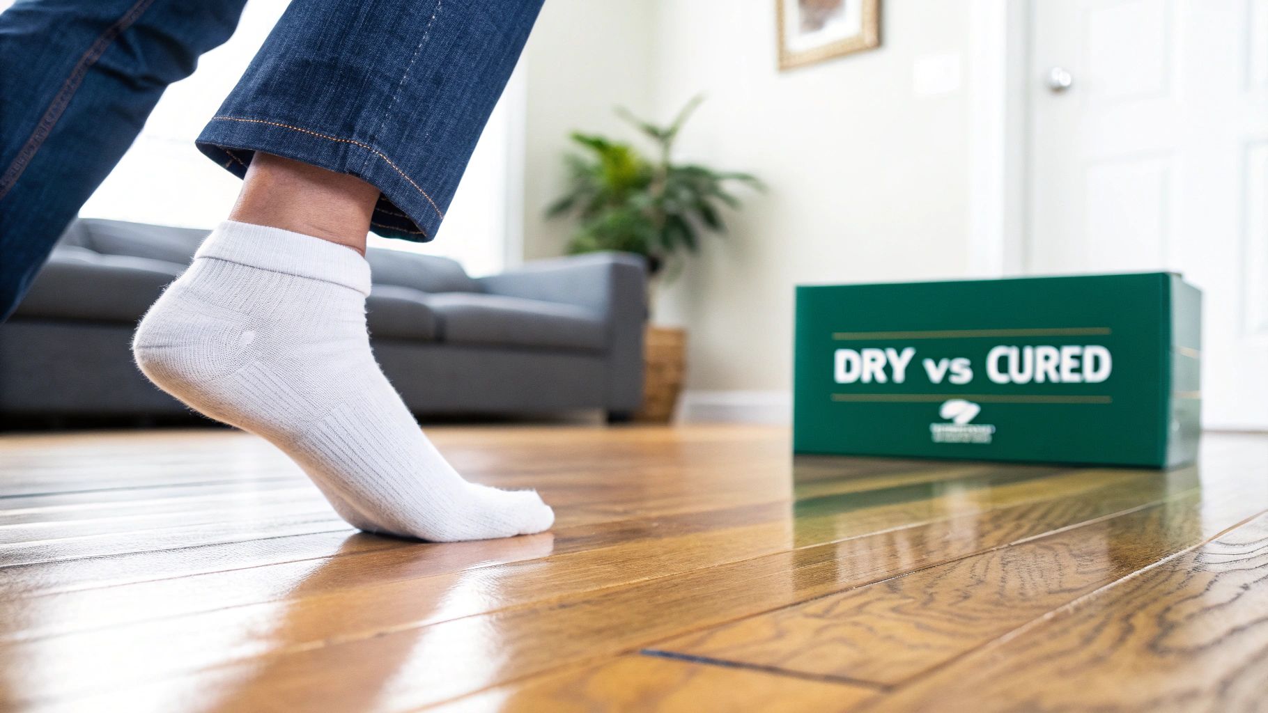 A person in white socks and blue jeans steps on a shiny wooden floor, next to a box labeled 'DRY vs CURED'.