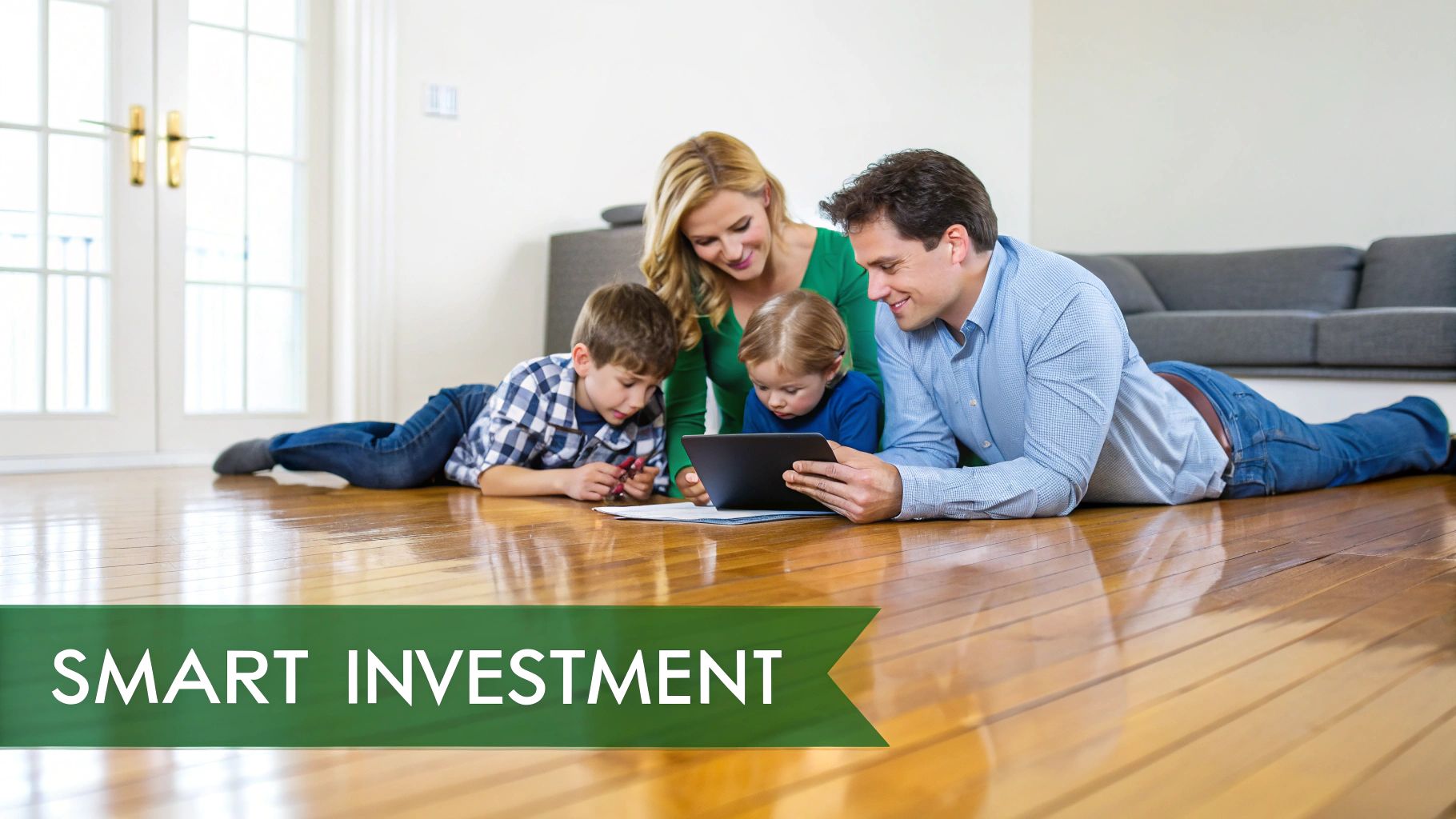 A happy family with two boys lies on a shiny hardwood floor, looking at a tablet.