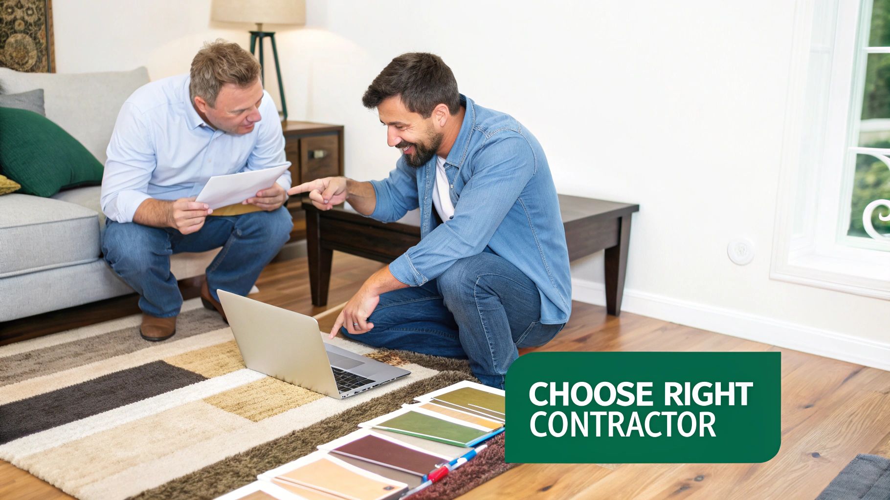 Two men reviewing renovation plans on a laptop with color samples, discussing options with a contractor.