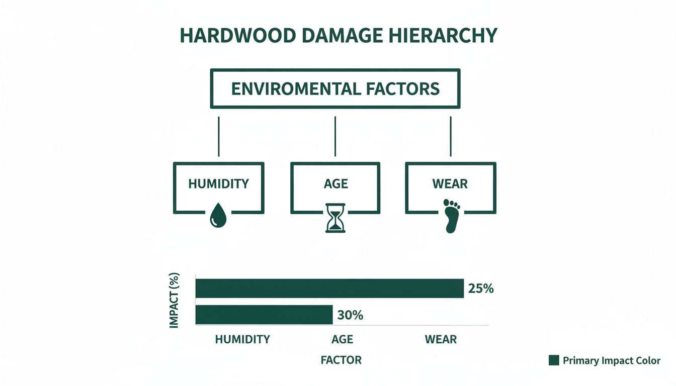 An infographic on hardwood damage hierarchy, breaking down environmental factors into humidity, age, and wear, with impact percentages.