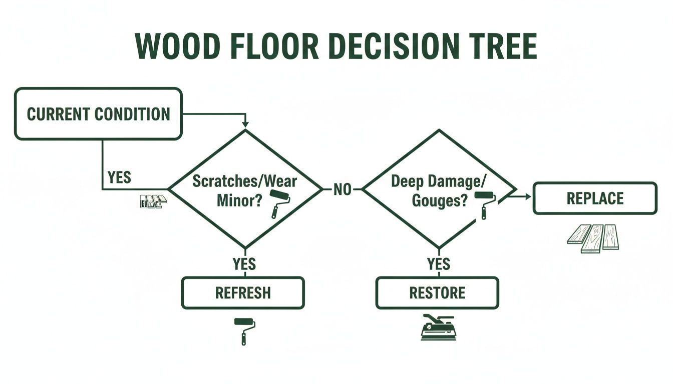 A wood floor decision tree flowchart guiding actions like refresh, restore, or replace based on damage assessment.