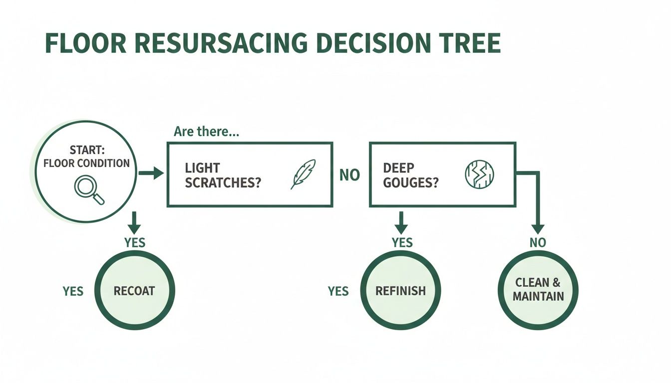 Floor resurfacing decision tree guides on recoating, refinishing, or cleaning based on floor damage.