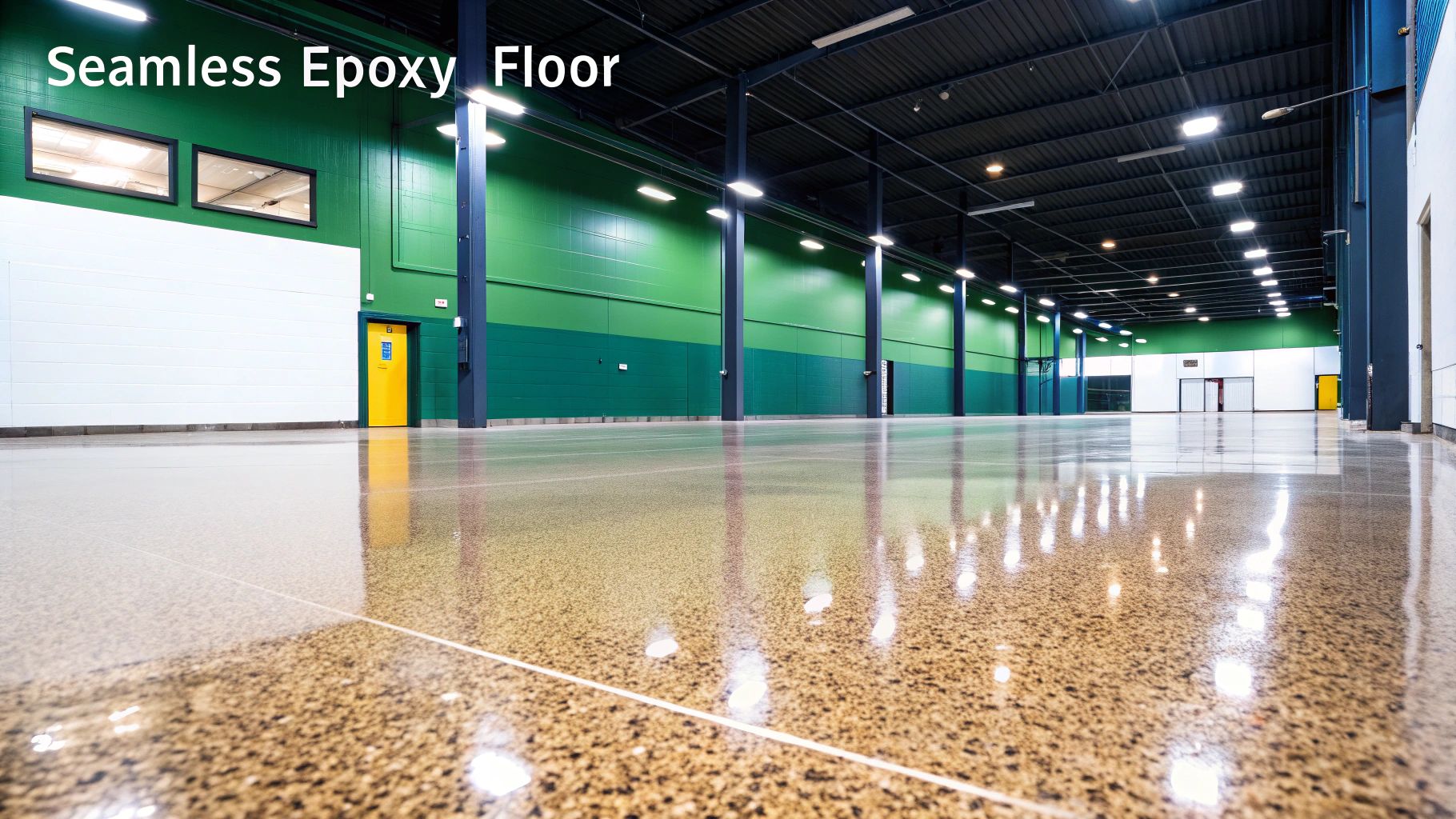 Wide view of a spacious commercial interior featuring a highly reflective seamless epoxy floor.