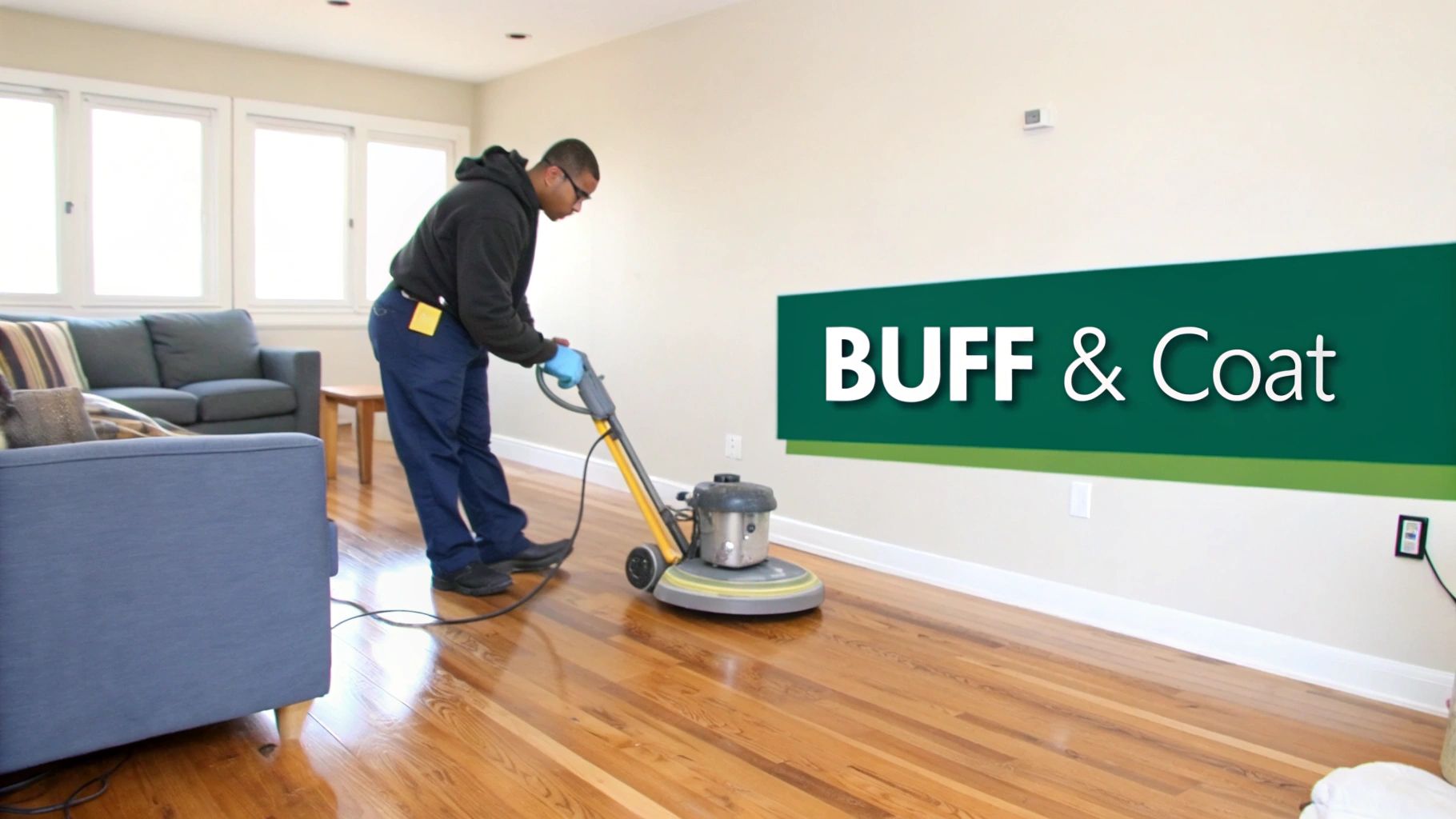 A professional buffs shiny hardwood floors with a floor machine in a living room.