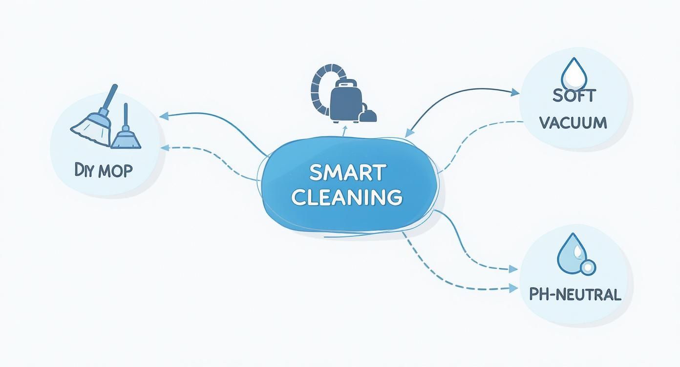 Mind map showing 'Smart Cleaning' concepts: DIY mop, vacuum, soft vacuum, and pH-neutral cleaning.