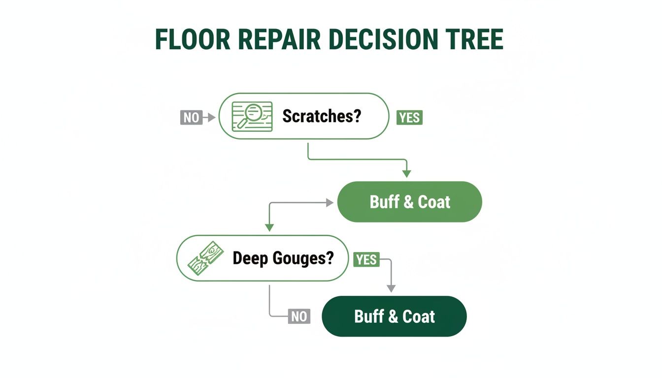 A floor repair decision tree flowchart guiding through questions about scratches and deep gouges.