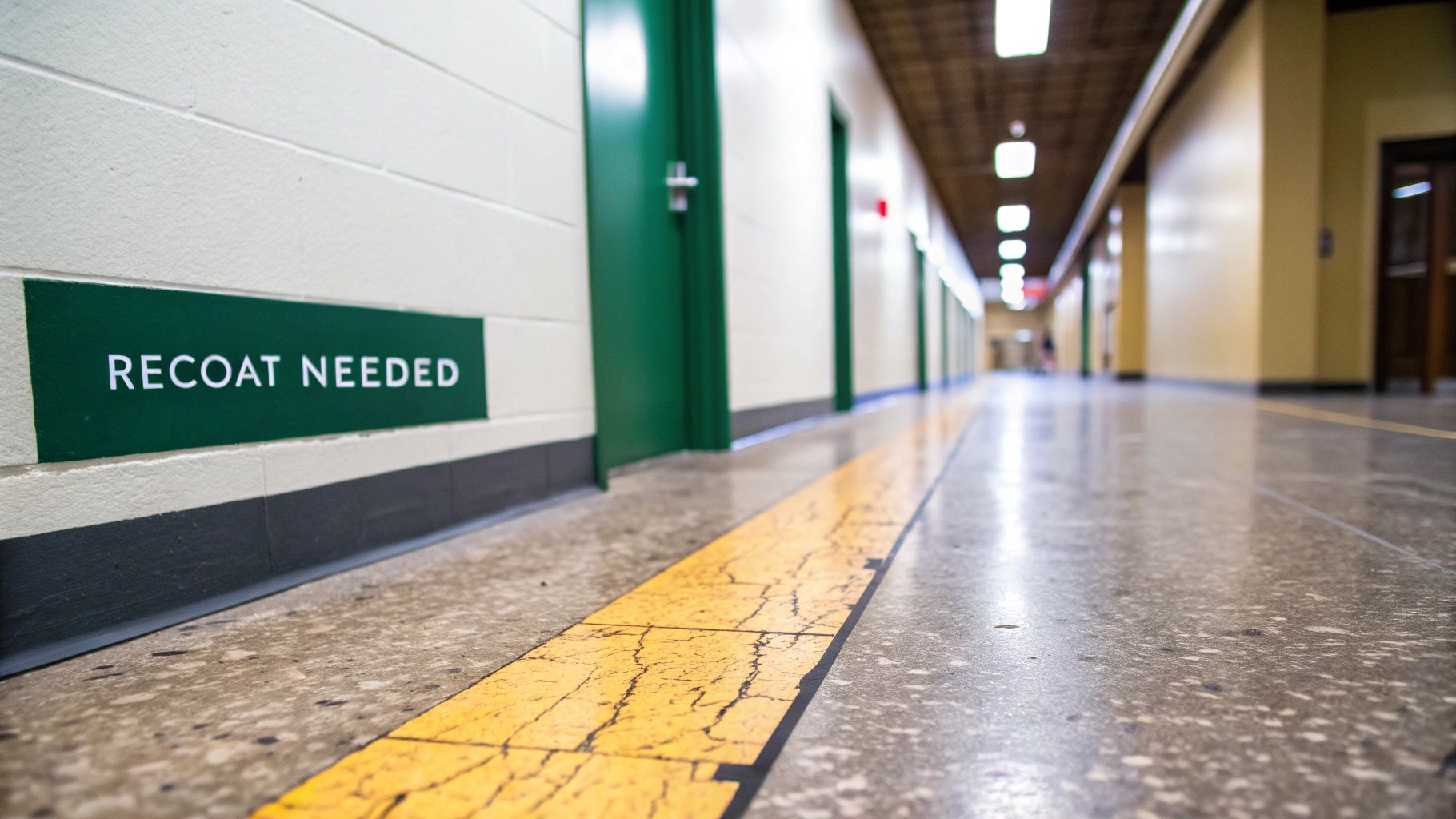 A 'RECOAT NEEDED' sign on a white wall above a cracked yellow line on a hallway floor.