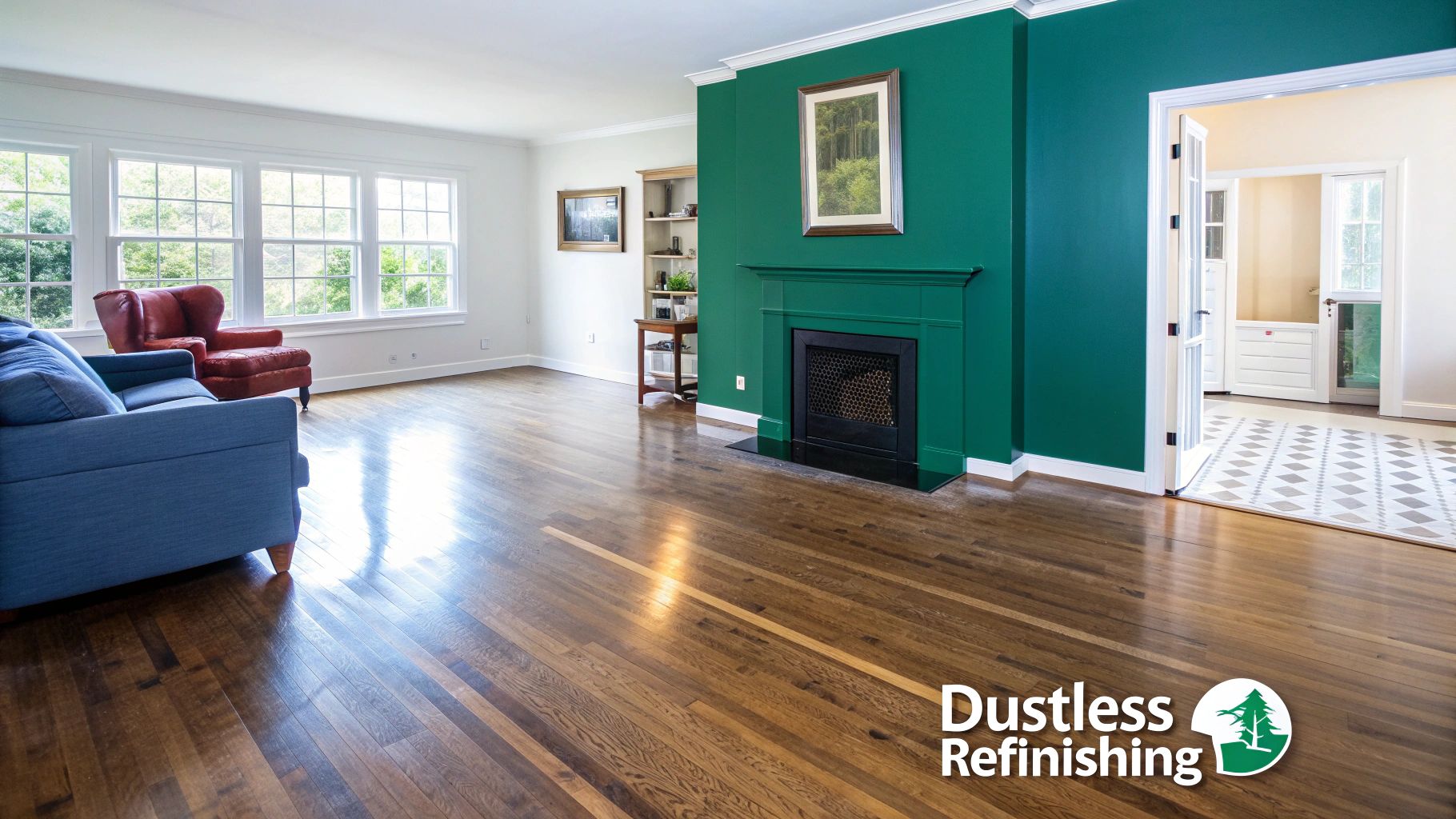 A spacious living room featuring newly refinished hardwood floors, a green accent wall, and comfortable seating.
