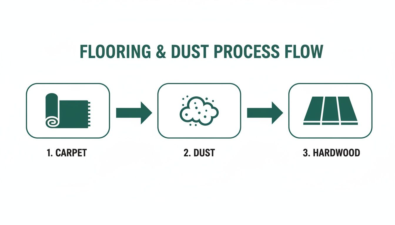 Flowchart showing carpet to dust, then dust to hardwood flooring, illustrating a dust process flow.