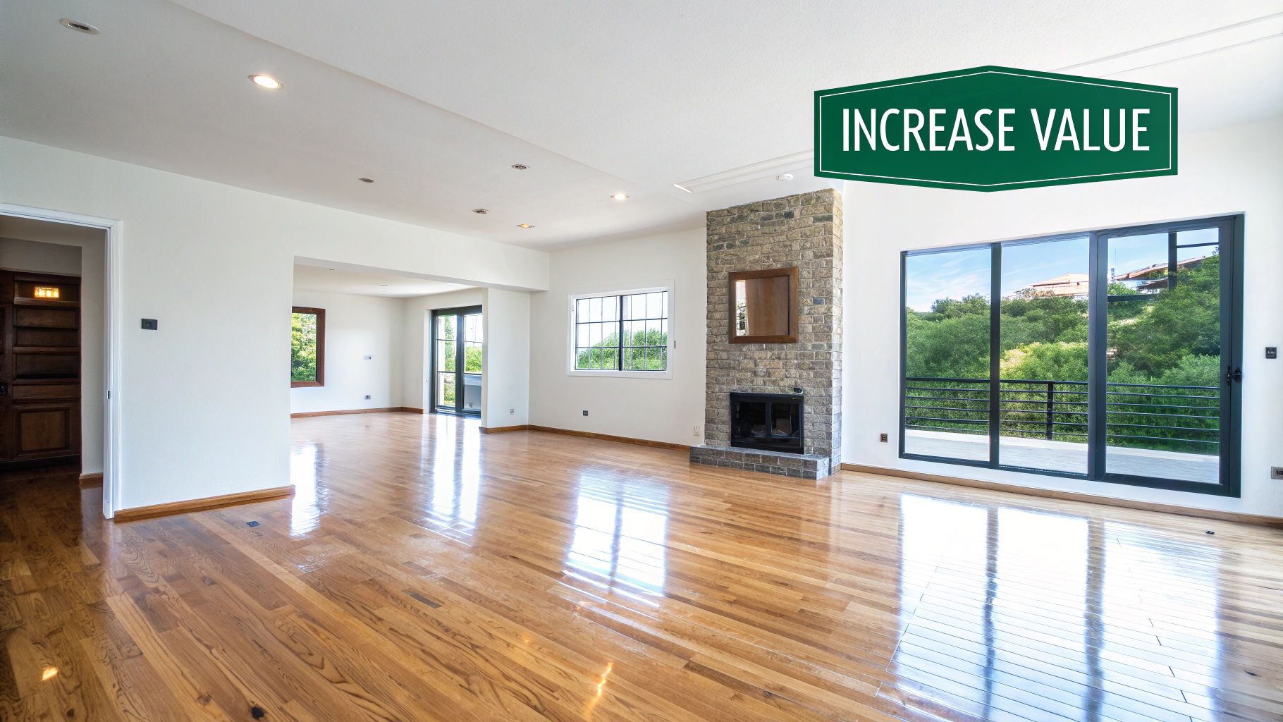 Bright, empty living room with shiny hardwood floors, a stone fireplace, and large windows.