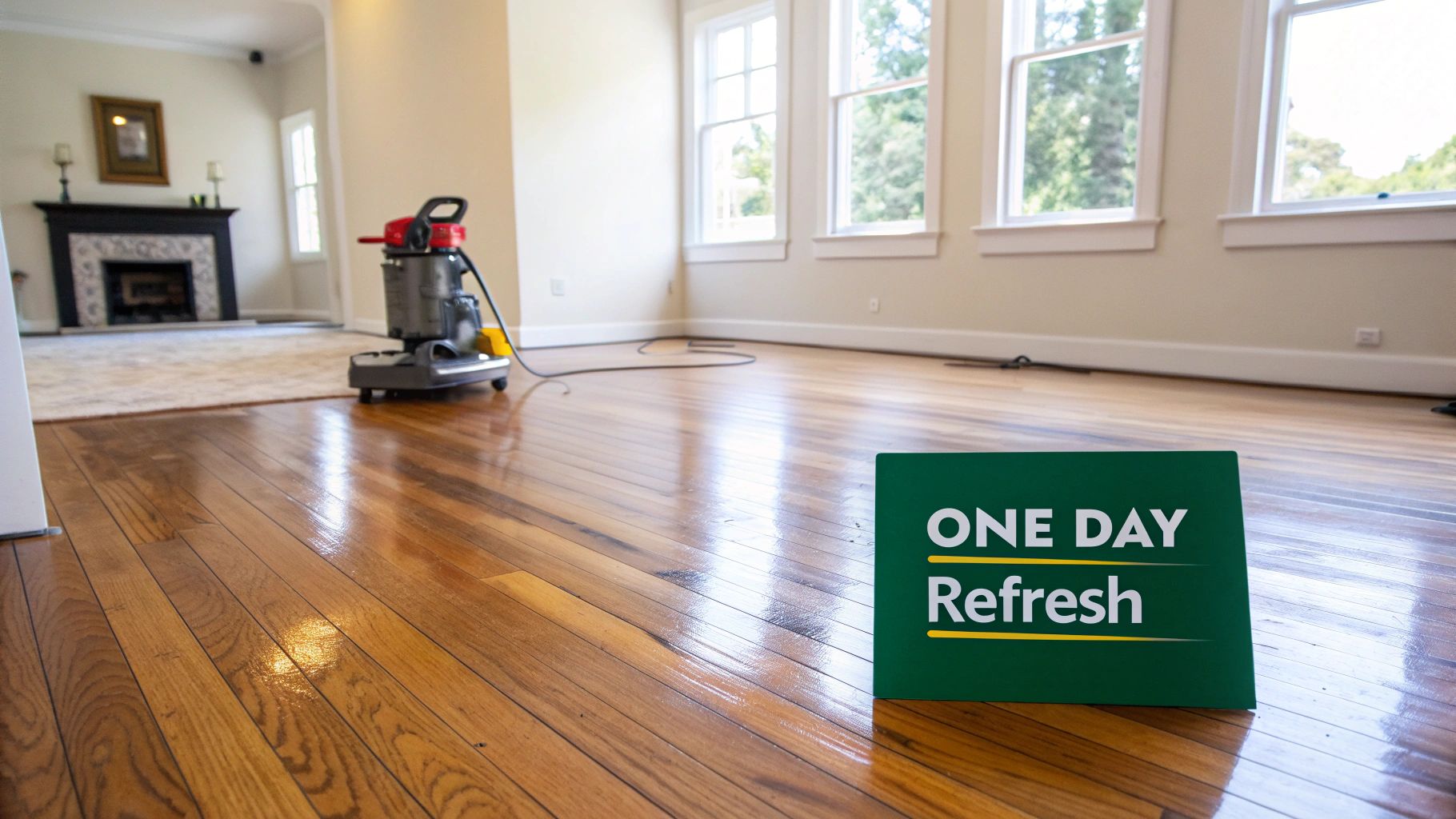 Newly polished hardwood floors and a floor cleaning machine in a bright room with a 'ONE DAY Refresh' sign.
