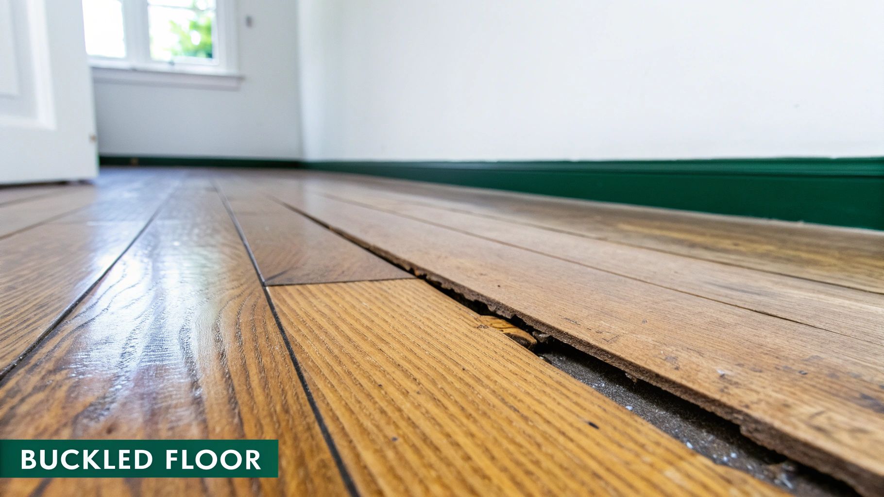 Close-up of severely buckled hardwood floor planks, revealing damage and separation in a room.