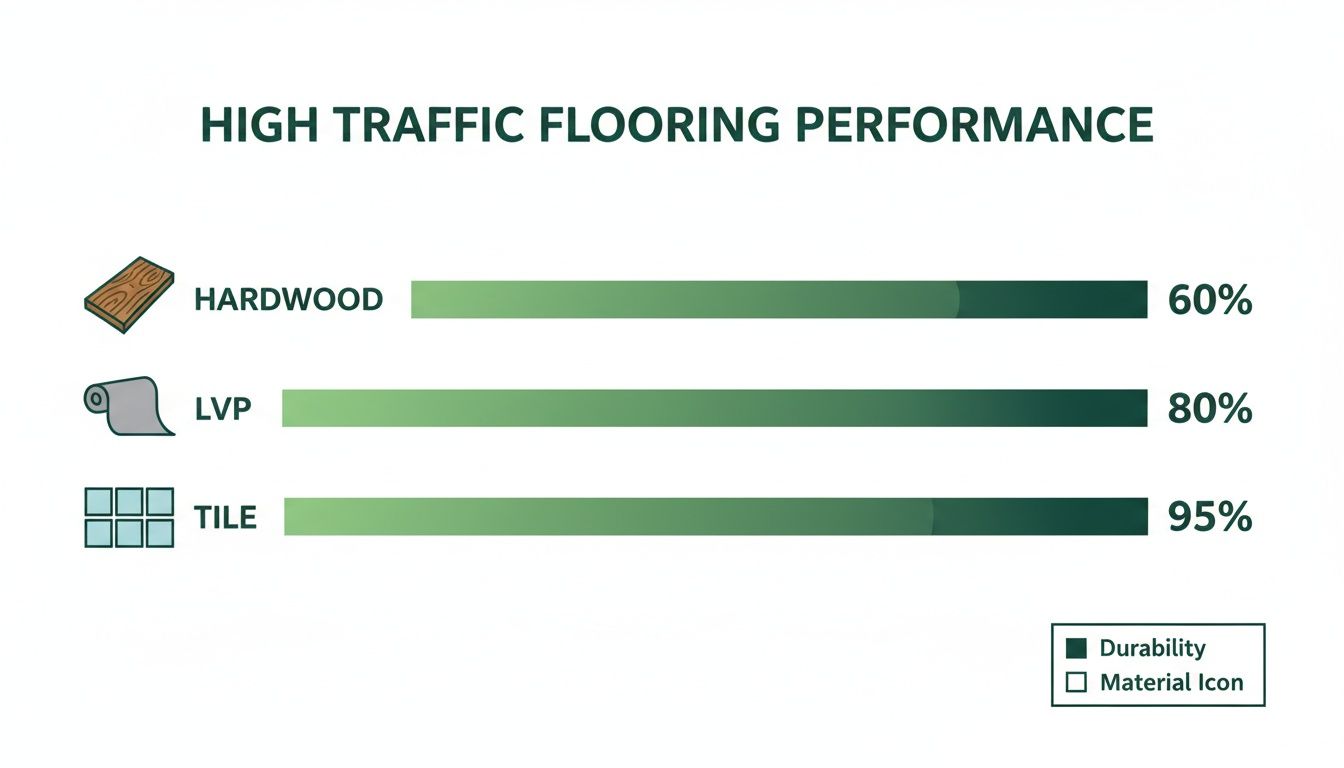 Bar chart comparing high traffic flooring performance: Hardwood 60%, LVP 80%, and Tile 95%.