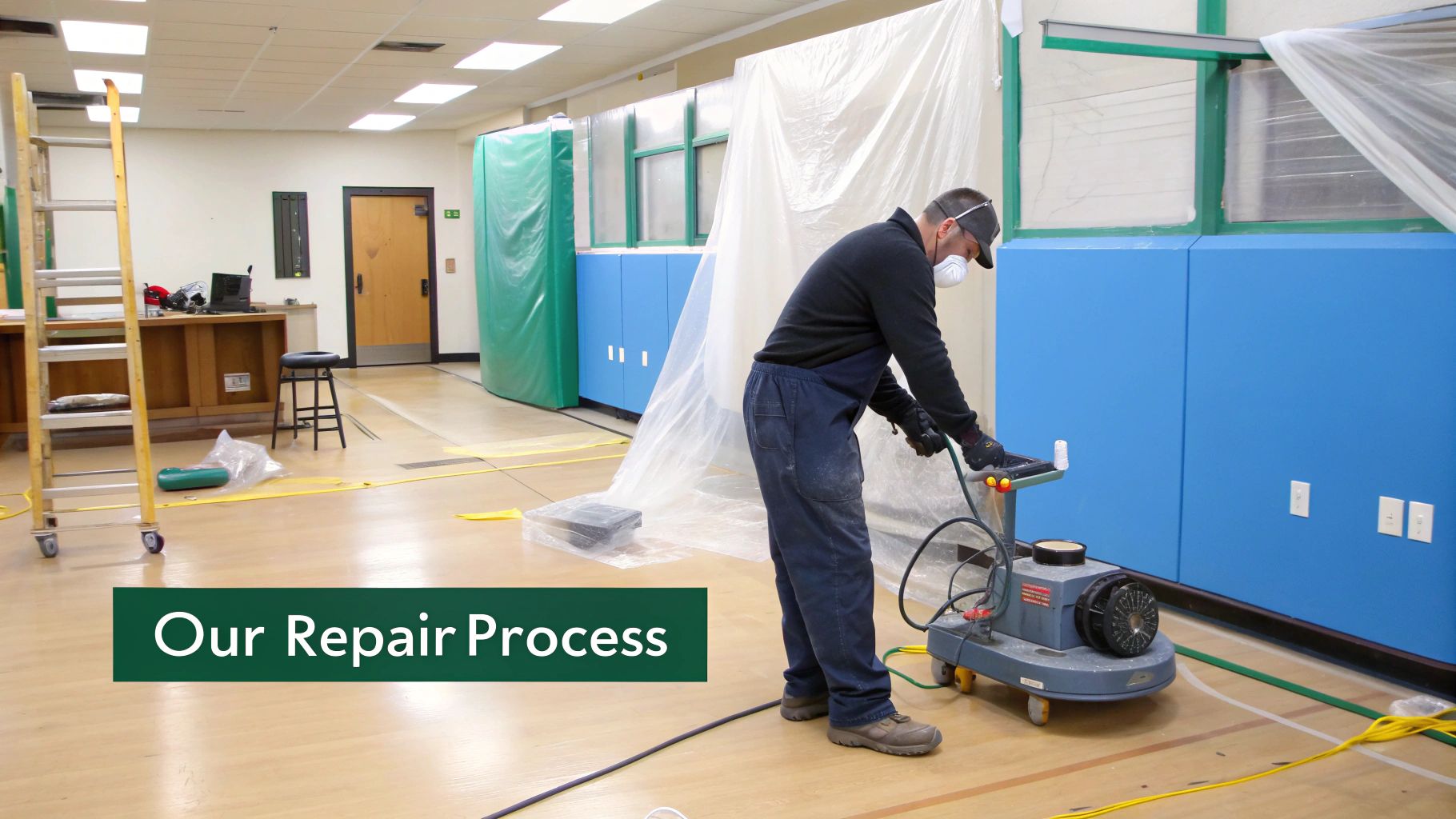 Man in a mask and work clothes operating a floor sander on a hardwood gym floor during a repair process.