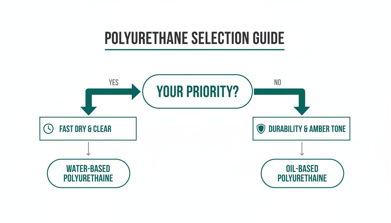 Flowchart guiding polyurethane selection based on priority: fast dry/clear (water-based) or durability/amber tone (oil-based).