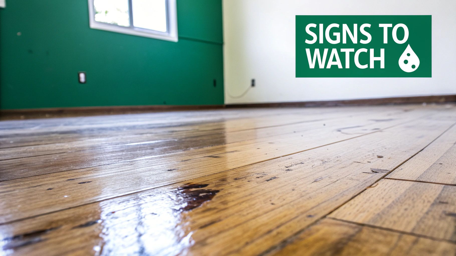 Close-up of wooden floor with water damage, indicating signs to watch for moisture issues.