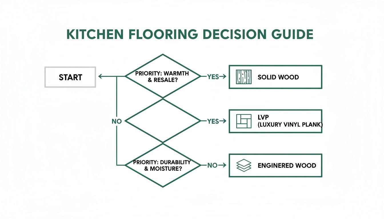 Flowchart guiding kitchen flooring decisions based on warmth, resale, durability, and moisture, suggesting solid wood, LVP, or engineered wood.