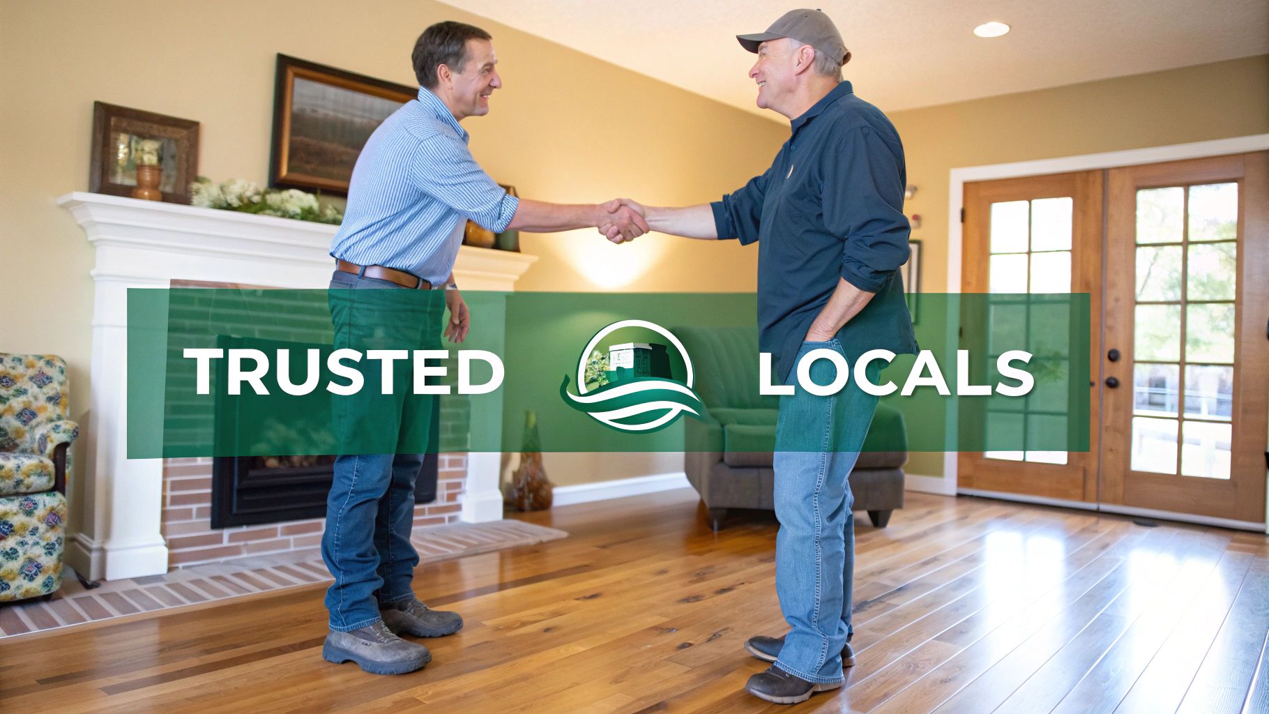 Two trusted local service men shaking hands in a bright home setting with hardwood floors.