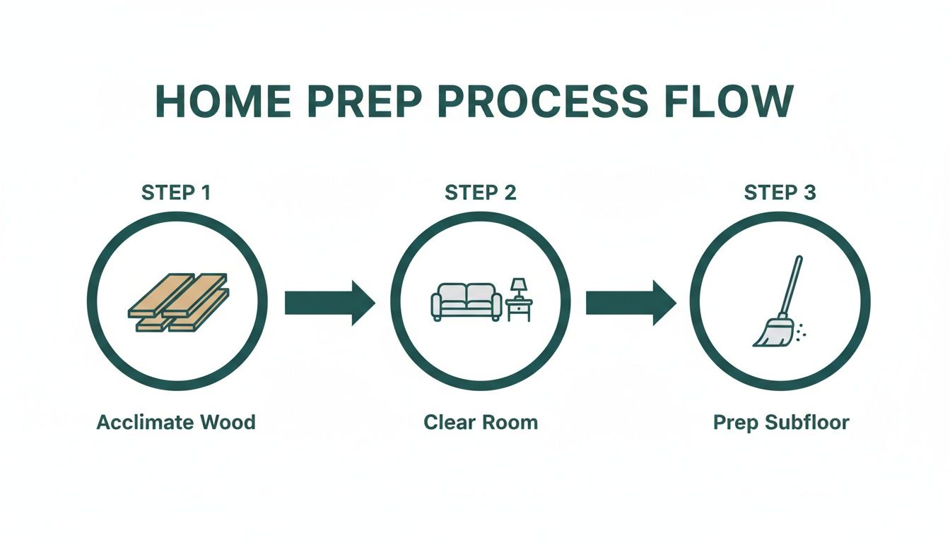 A three-step home preparation process flow diagram showing Acclimate Wood, Clear Room, and Prep Subfloor steps.