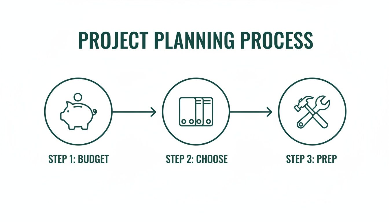 An infographic illustrating a three-step project planning process: budget, choose, and prep.
