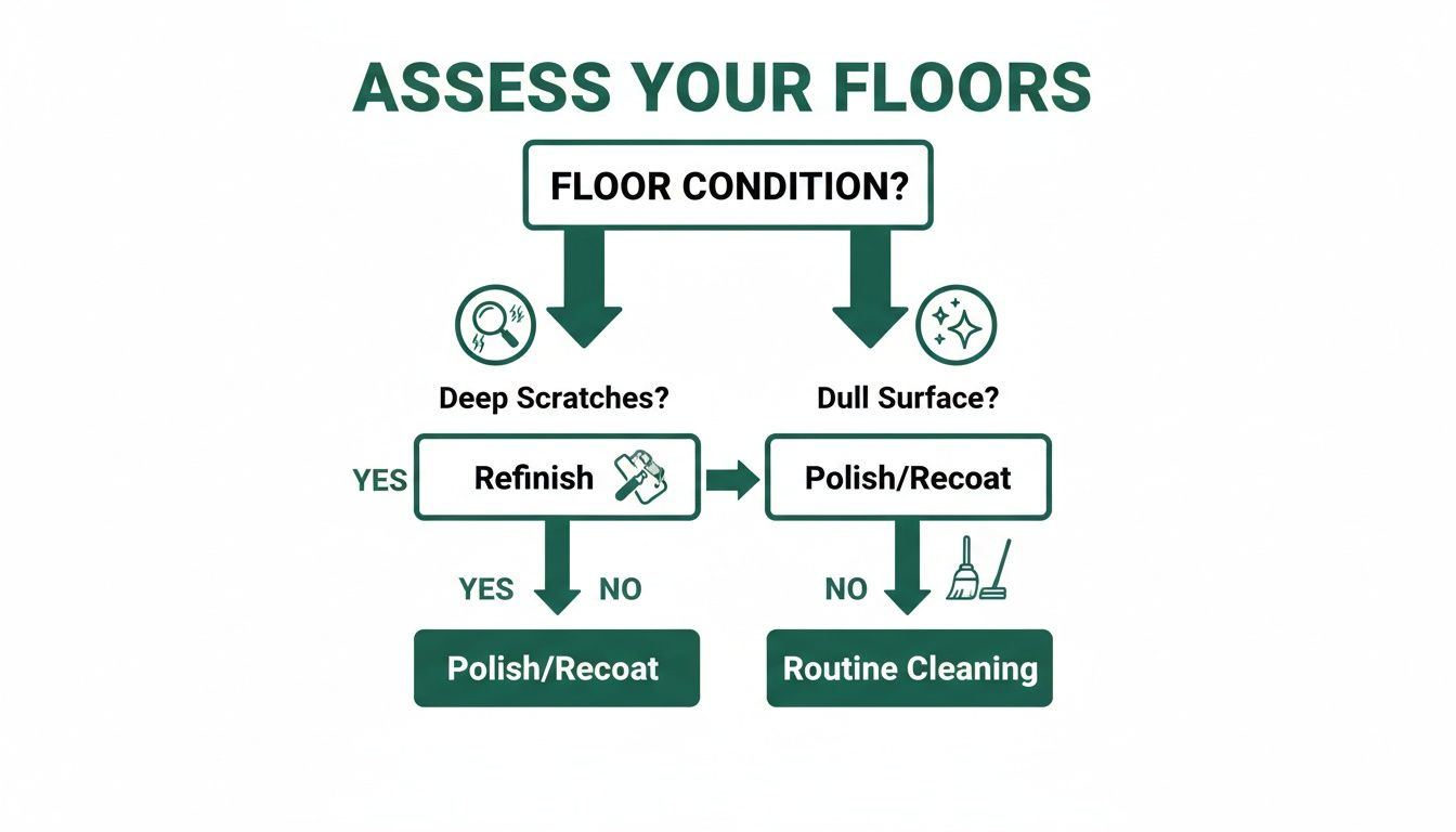 Flowchart showing floor condition assessment: Deep scratches lead to refinishing, dull surfaces to polish/recoat, otherwise routine cleaning.