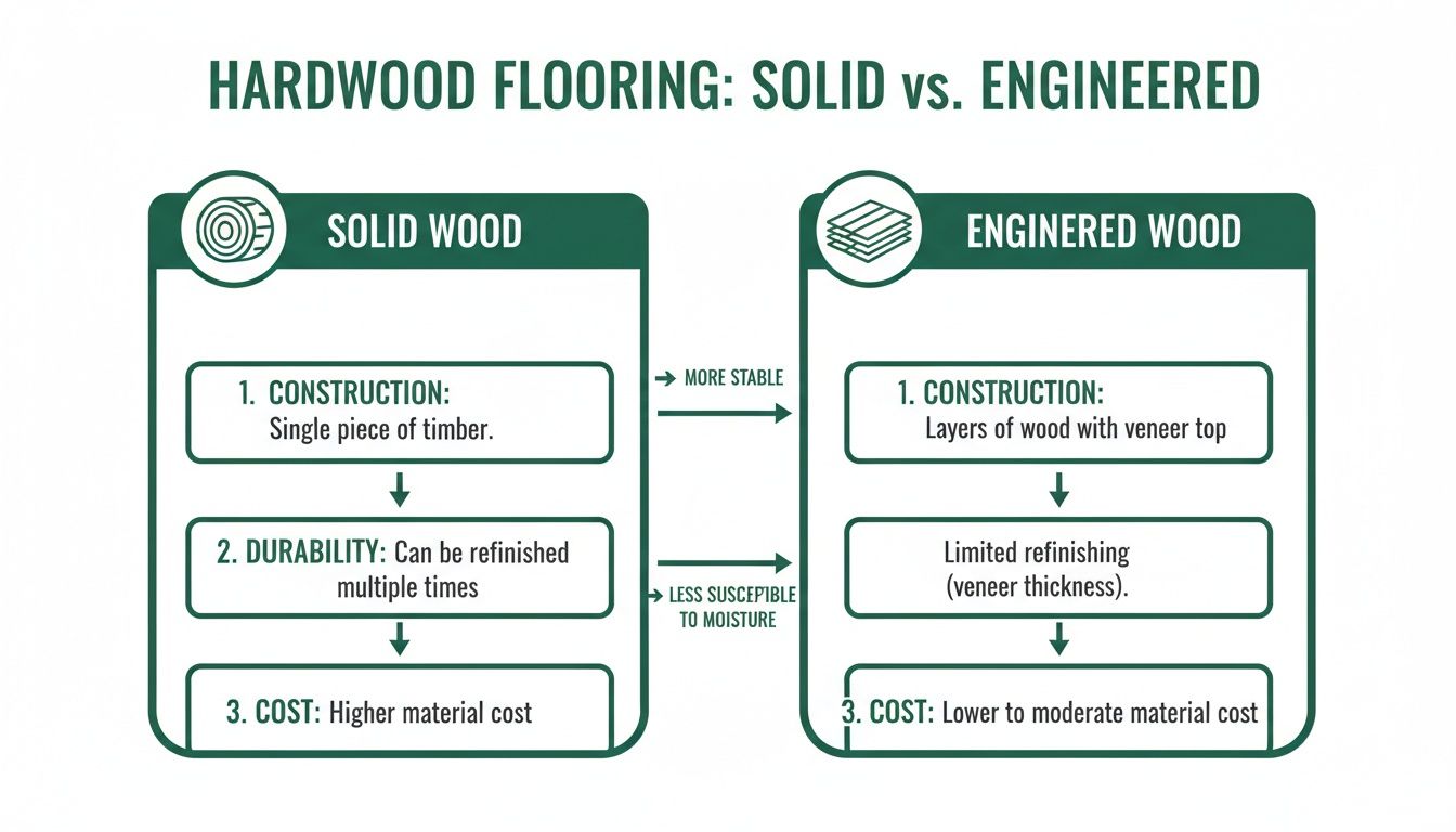 Infographic comparing solid wood and engineered wood hardwood flooring characteristics: construction, durability, and cost.