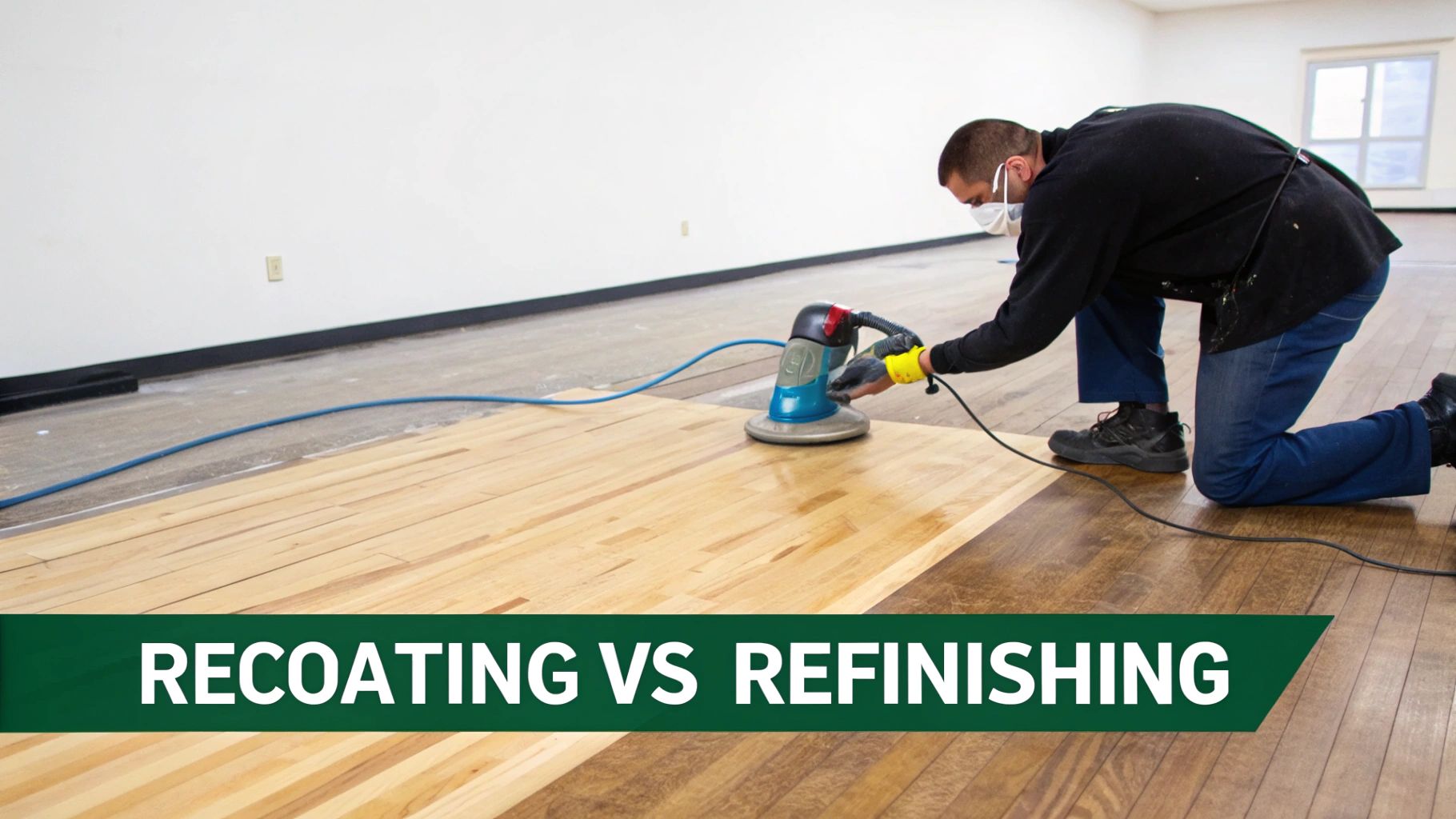 A person wearing a mask and gloves sands a wooden floor, contrasting light and dark sections.