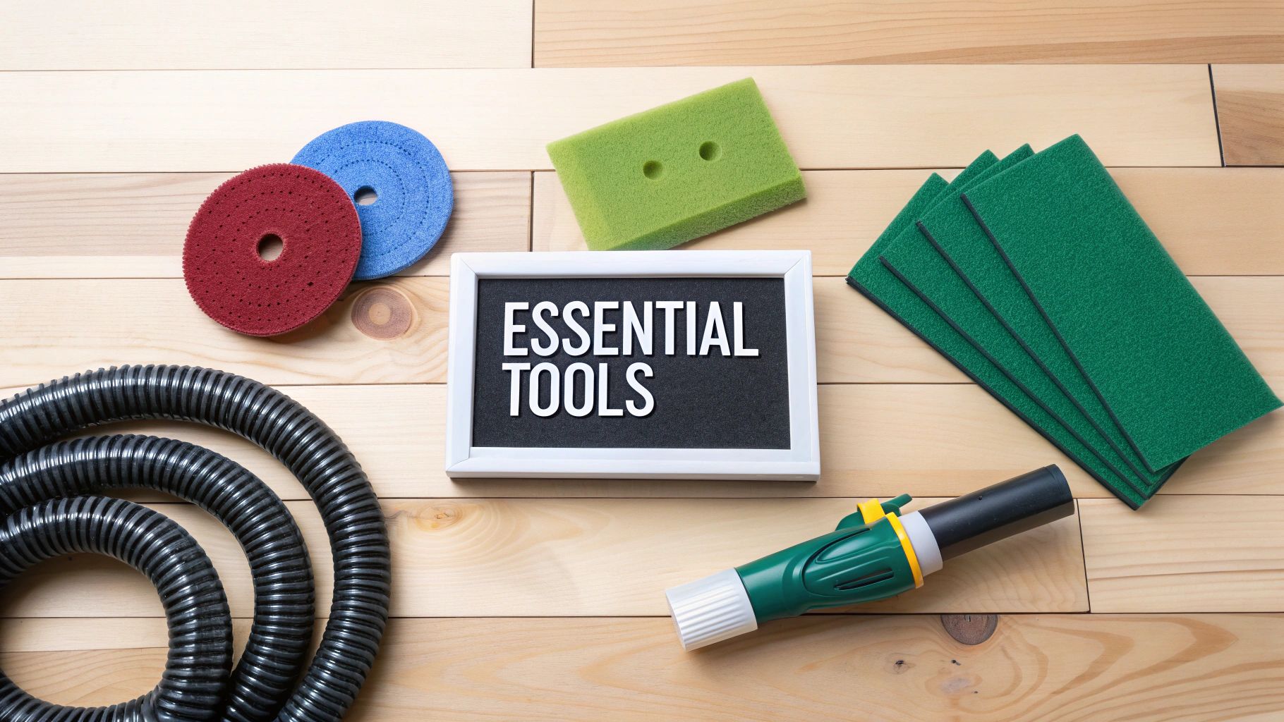 A flat lay of essential tools for cleaning and polishing floors, including pads, hose, and sprayer on wood.