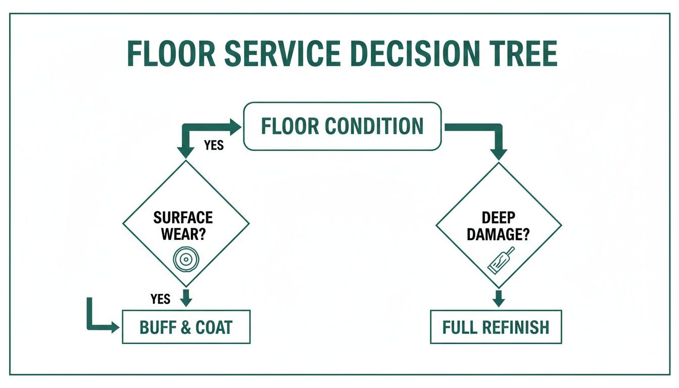 Flowchart illustrating floor service decisions based on surface wear or deep damage for maintenance.
