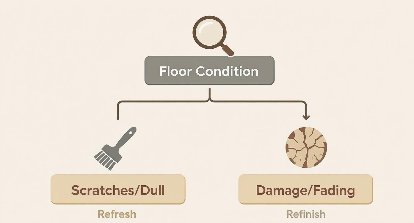 Flowchart illustrating floor condition assessment: refresh for scratches/dull, refinish for damage/fading.