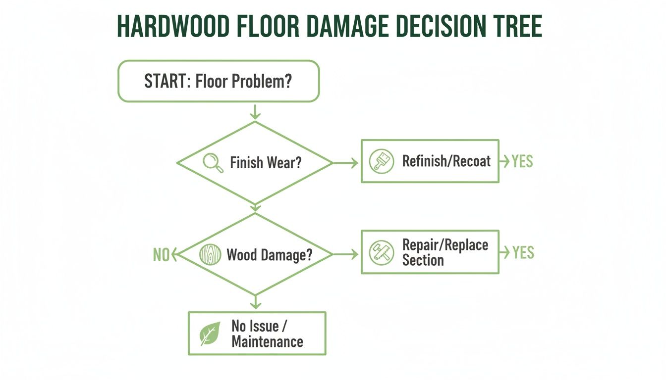 Flowchart outlining the decision process for hardwood floor damage, covering finish wear, wood damage, and repair options.