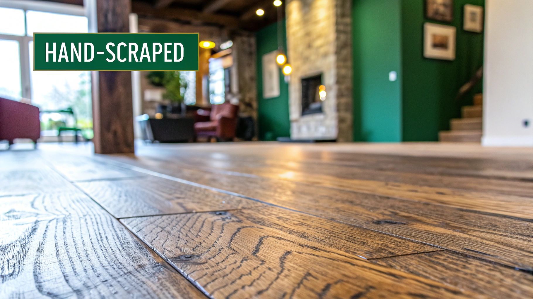 Close-up of rustic hand-scraped hardwood floor planks with visible texture in a spacious room.