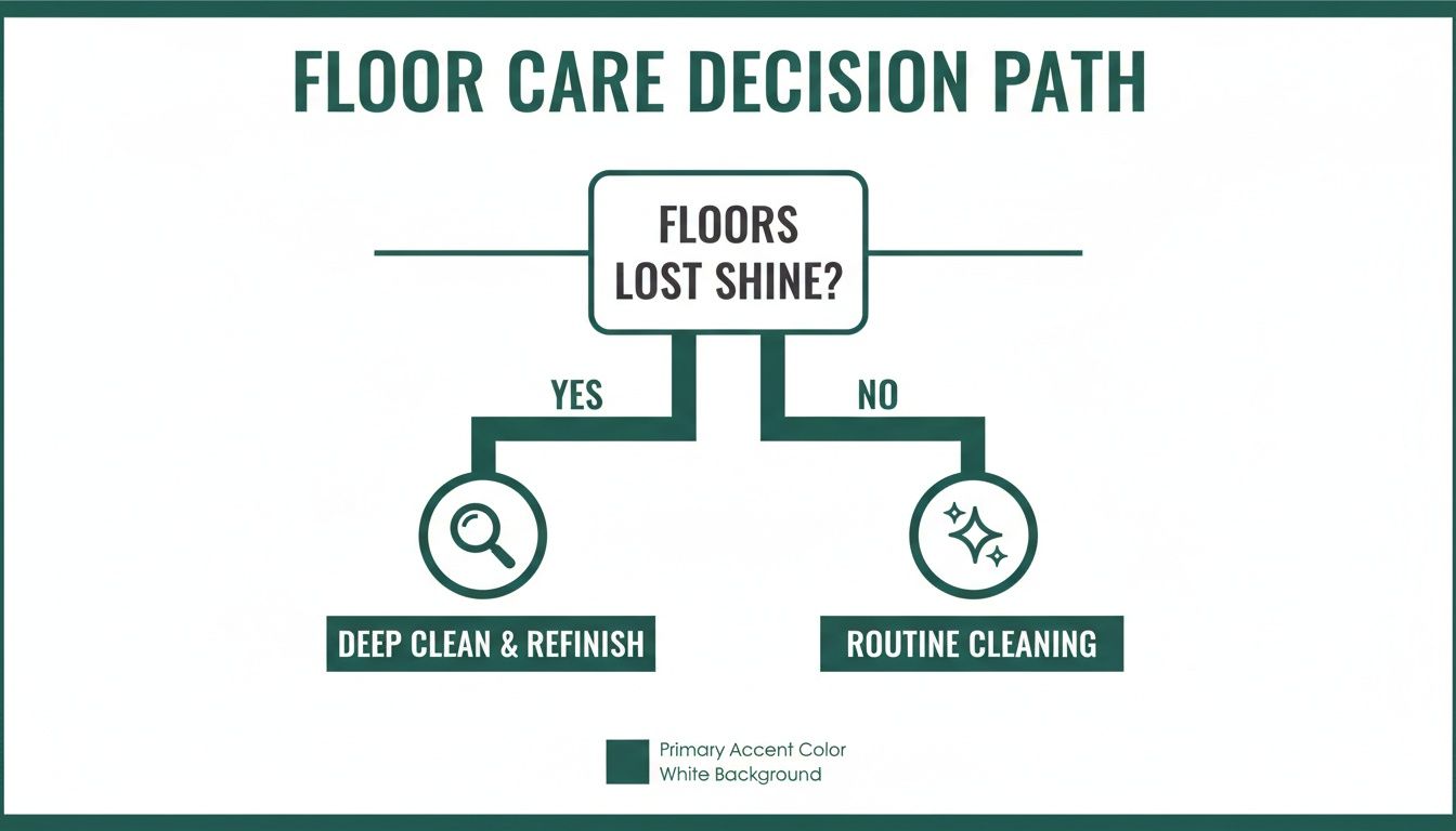 A floor care decision path flowchart illustrating when to deep clean or perform routine cleaning based on floor shine.