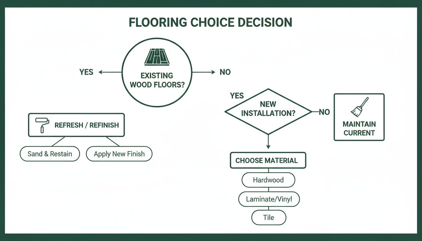 A flowchart detailing flooring choice decisions, from refreshing existing wood floors to new installation materials.
