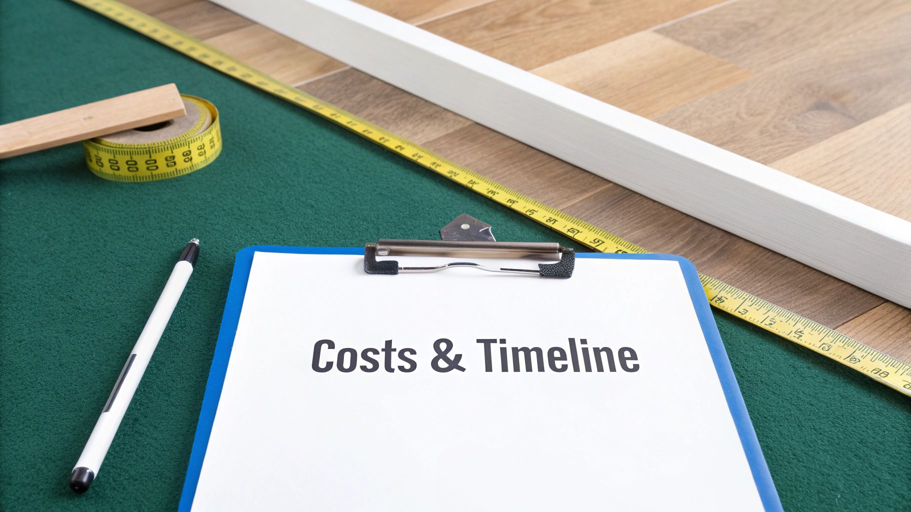A clipboard with 'Costs & Timeline' written on it, along with a measuring tape and pen, indicating project planning.