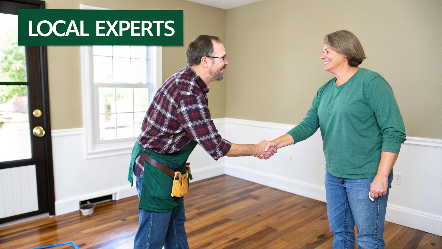 A contractor in an apron shakes hands with a smiling woman in a room with new hardwood floors.
