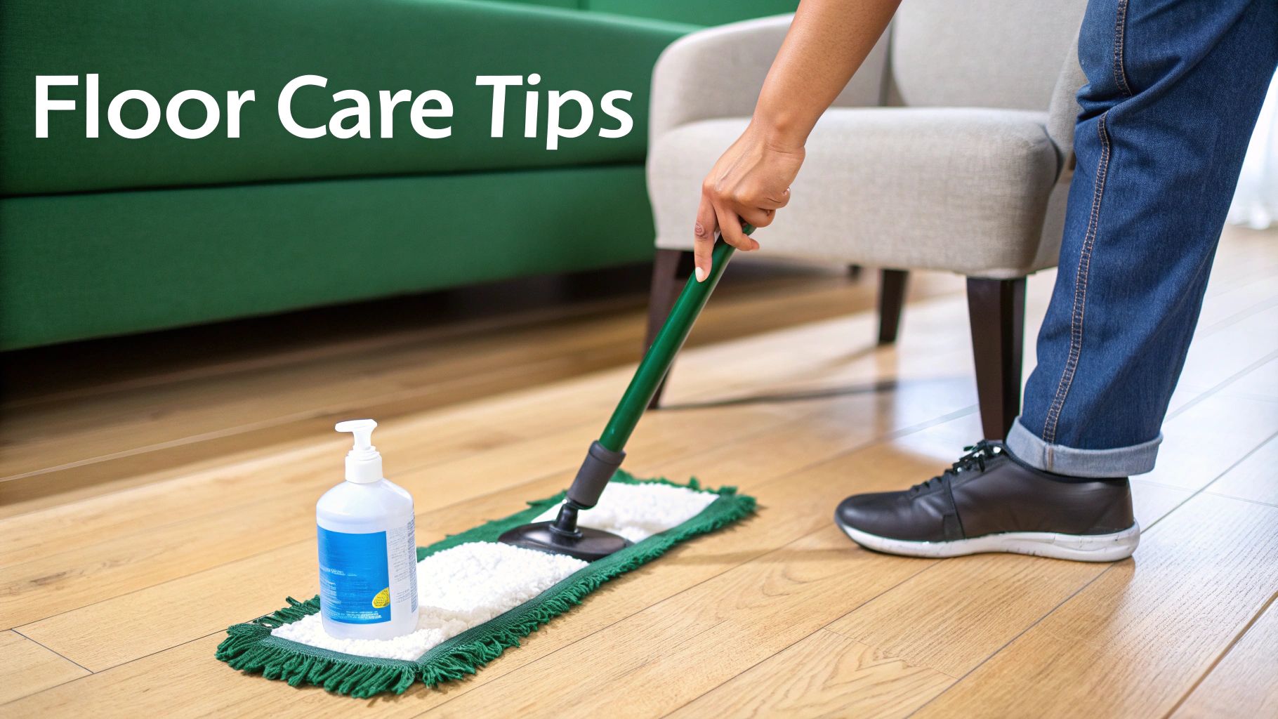 A person uses a green flat mop and cleaner to polish a shiny wooden floor.