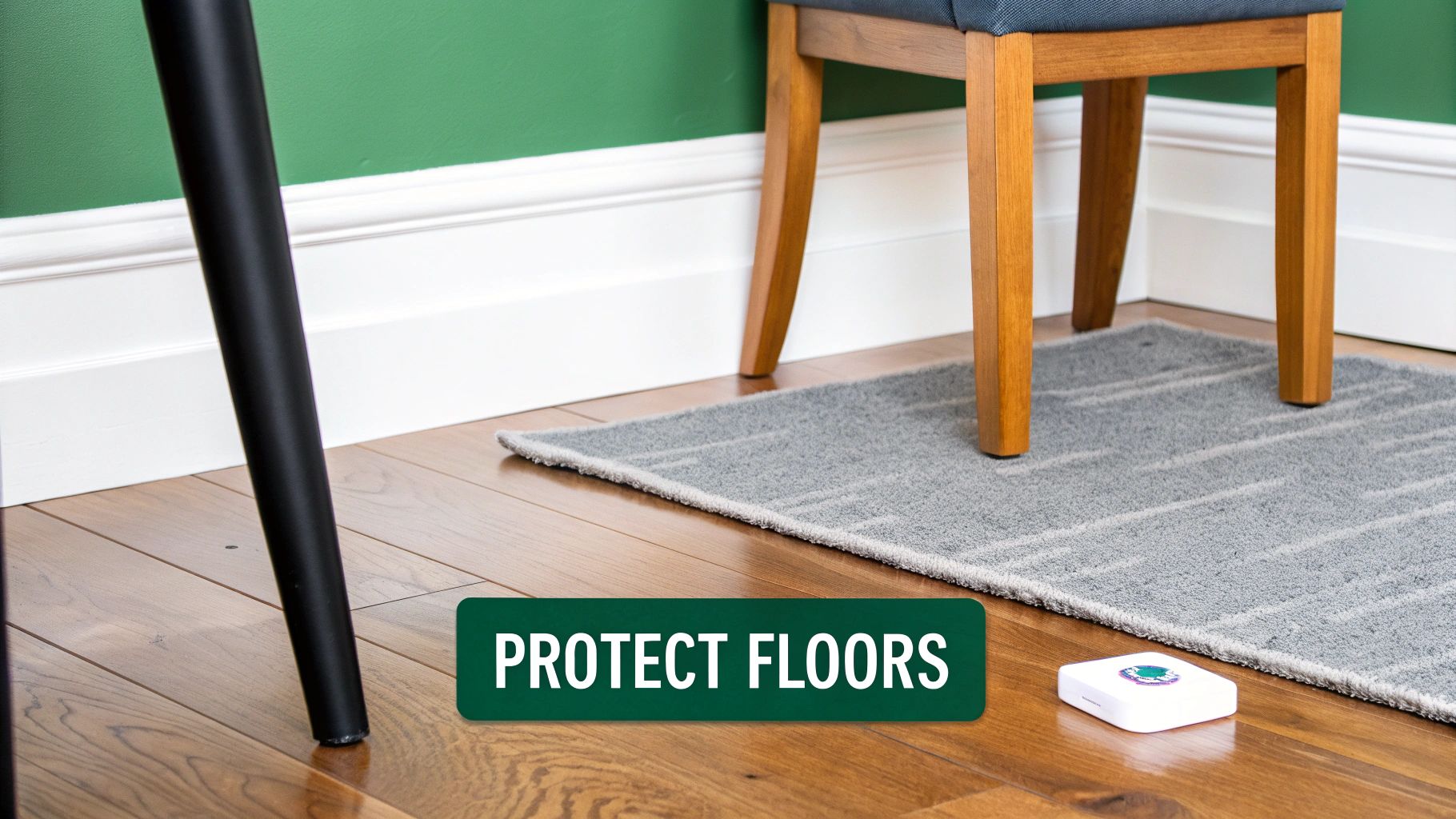 Hardwood floor with furniture legs, a grey rug, and a sign emphasizing the importance of floor protection.