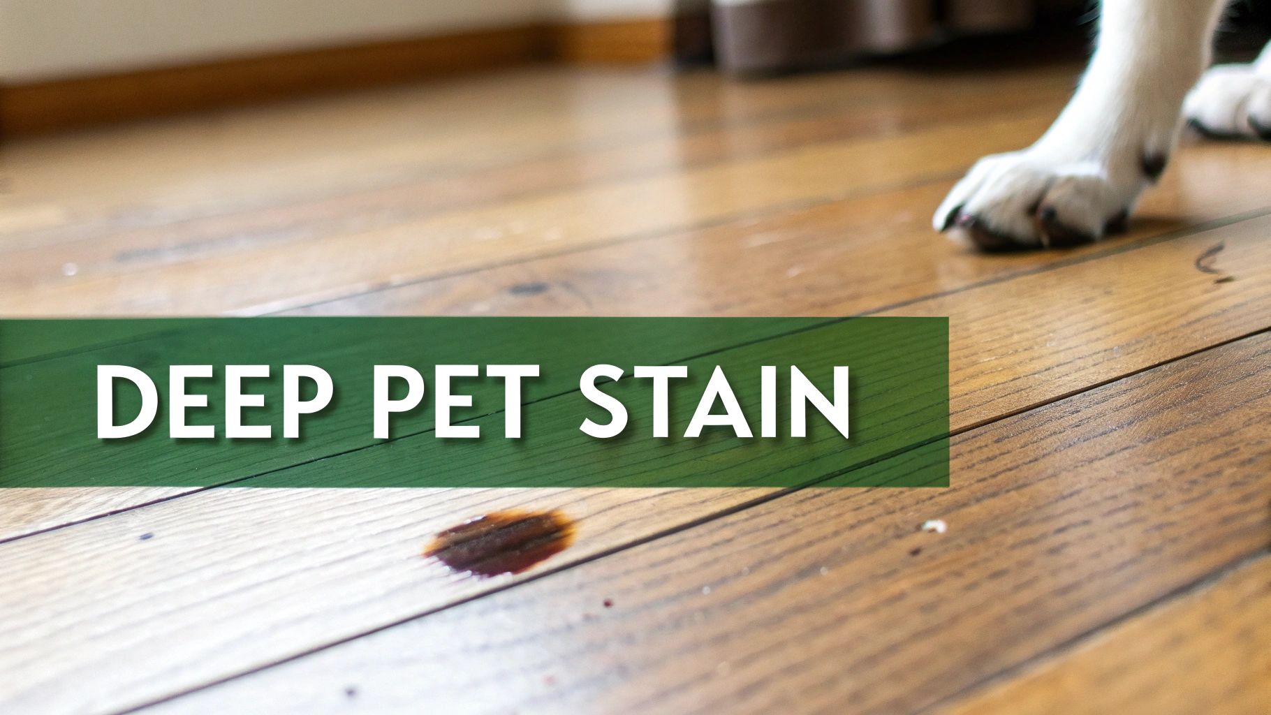 A deep, dark pet stain on a wooden floor, with a dog's paw in the background. A green banner reads "DEEP PET STAIN".
