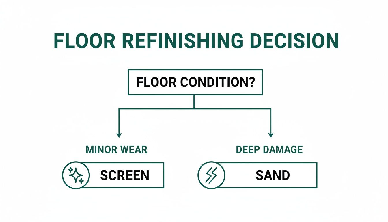 Flowchart detailing floor refinishing decision: screen for minor wear, sand for deep damage.