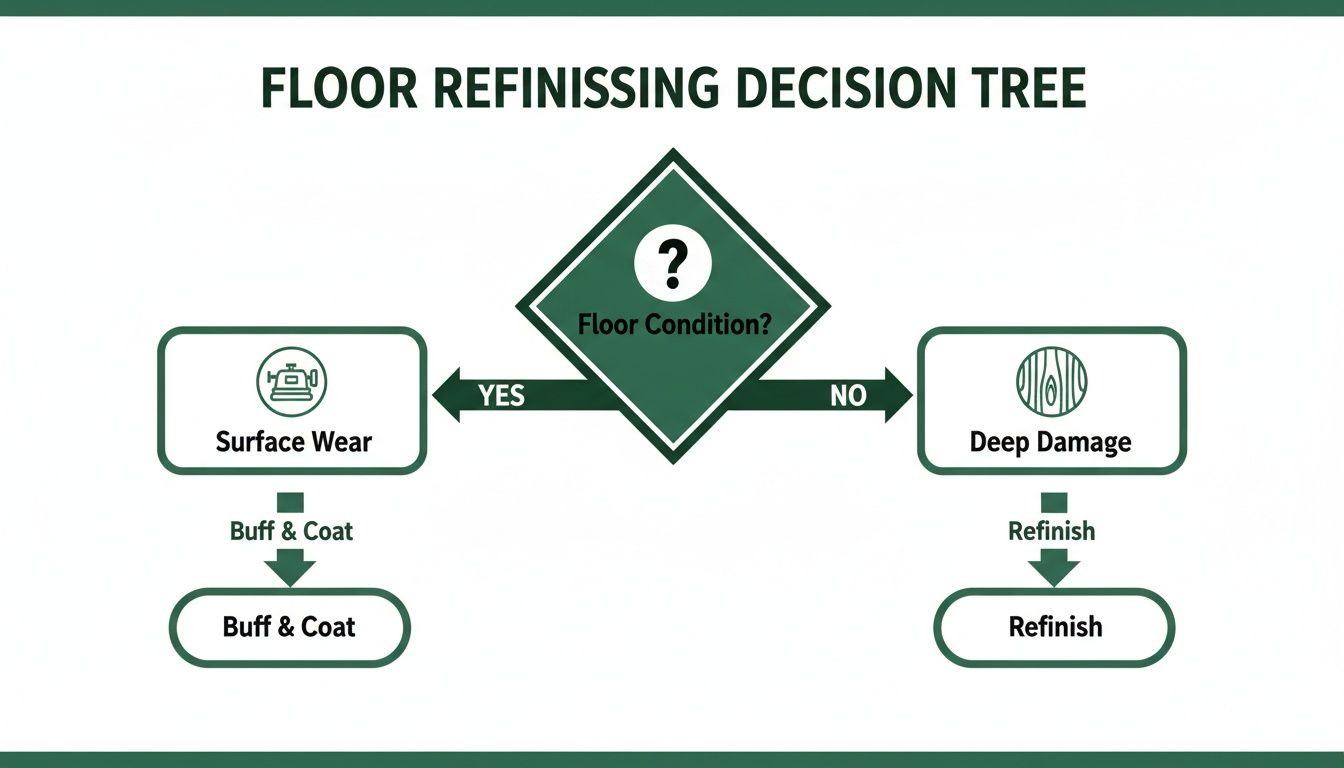 A flowchart titled 'Floor Refinishing Decision Tree' guiding on floor condition for buffing or refinishing.