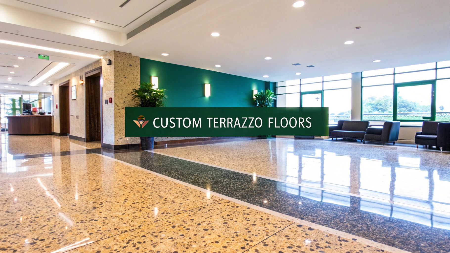 A large commercial lobby with custom terrazzo floors, elevators, a reception desk, and seating areas.