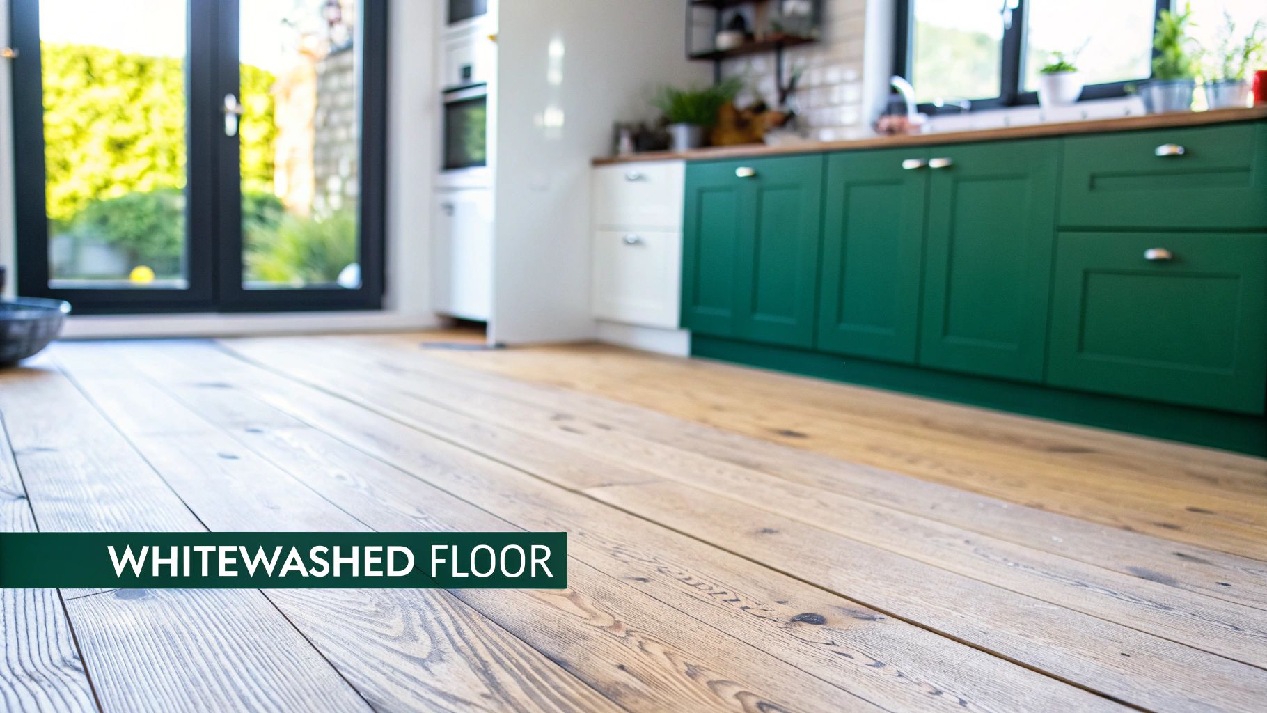 A modern kitchen features green and white cabinets, a light wood countertop, and whitewashed wooden floors.