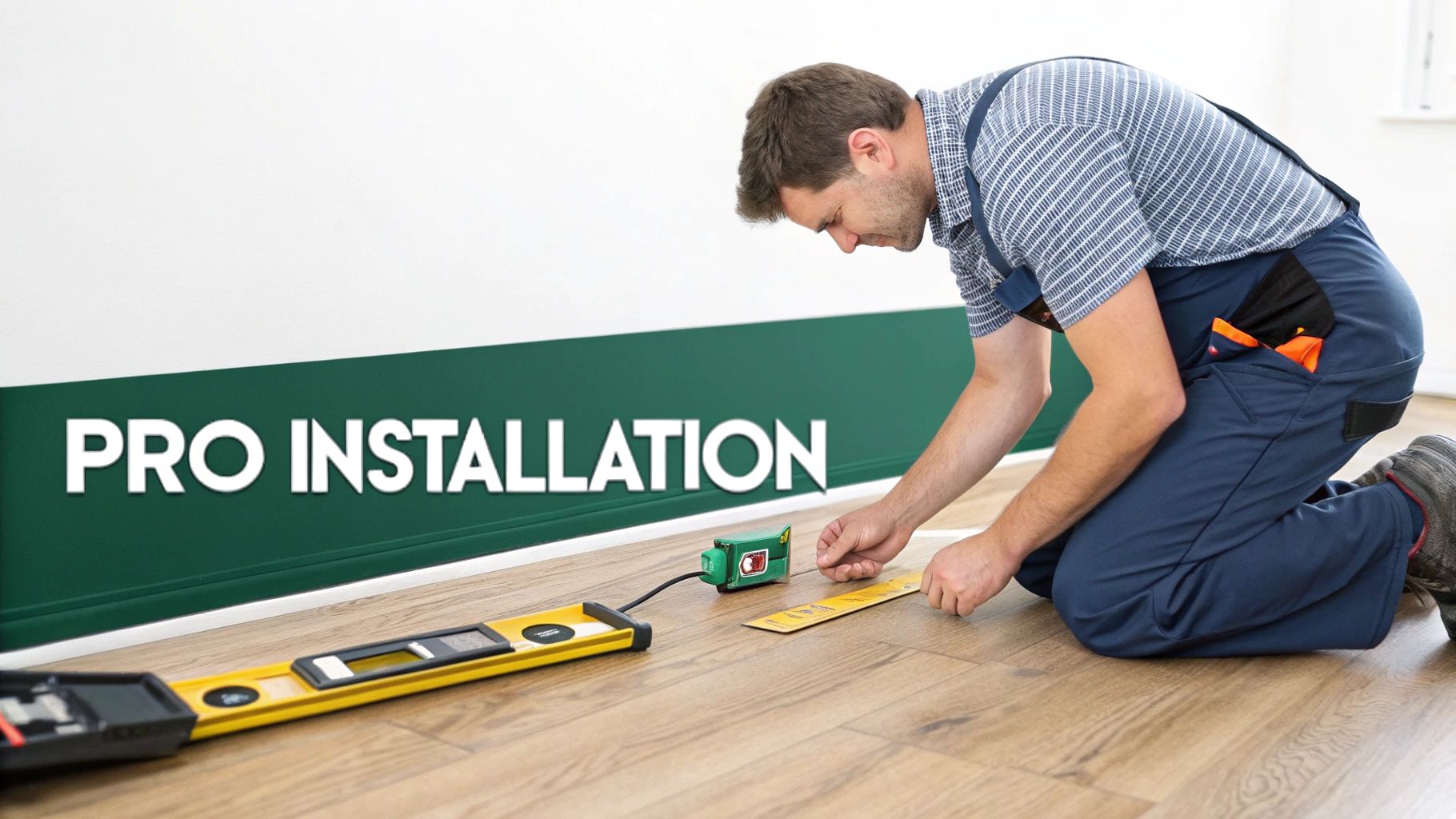 A man kneels on a wooden floor, carefully measuring during a professional flooring installation.